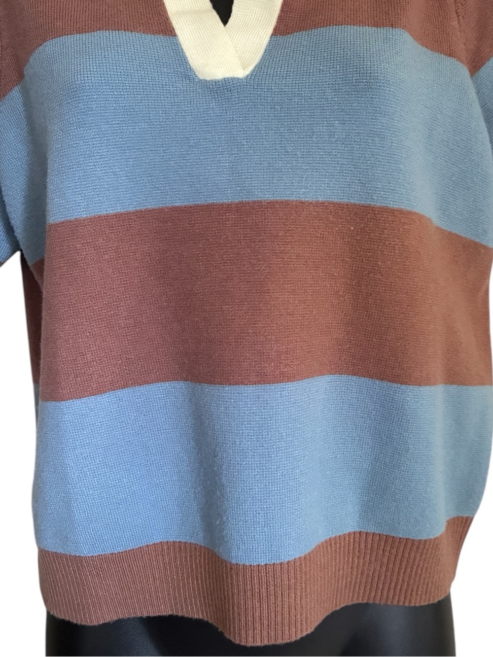 Lucky Brand Grannycore Striped Cropped Polo Sweater Brown Light Blue Cream Sz S - Picture 5 of 9